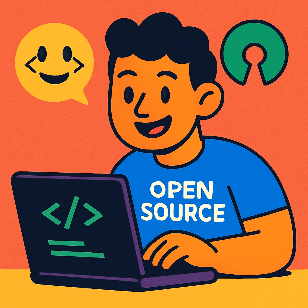 coding emoji, open source theme, a smiling cartoon character typing code emoji