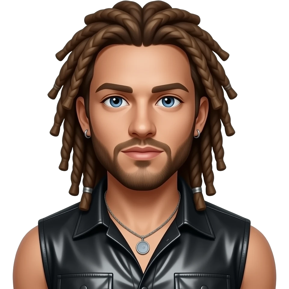 Jacob Underwood from O-Town with blue eyes, long brown dreads, black metallic sleeveless shirt, necklace and earrings emoji