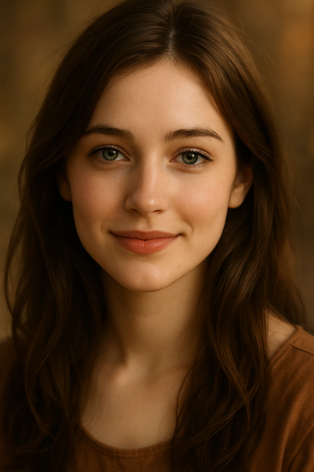 a beautiful and sweet brunette girl with blue eyes, soft features, gentle smile, inviting expression emoji