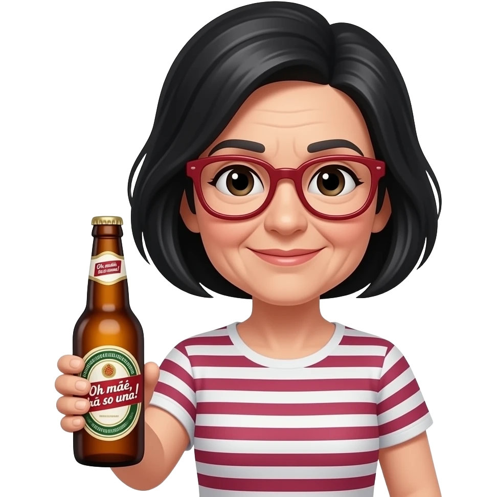 mulher, 60 anos, cabelo preto, olhos pretos , de óculos vermelhos escuros, a segurar garrafa de cerveja com logo a dizer "Oh mãe, há só uma!" em português emoji