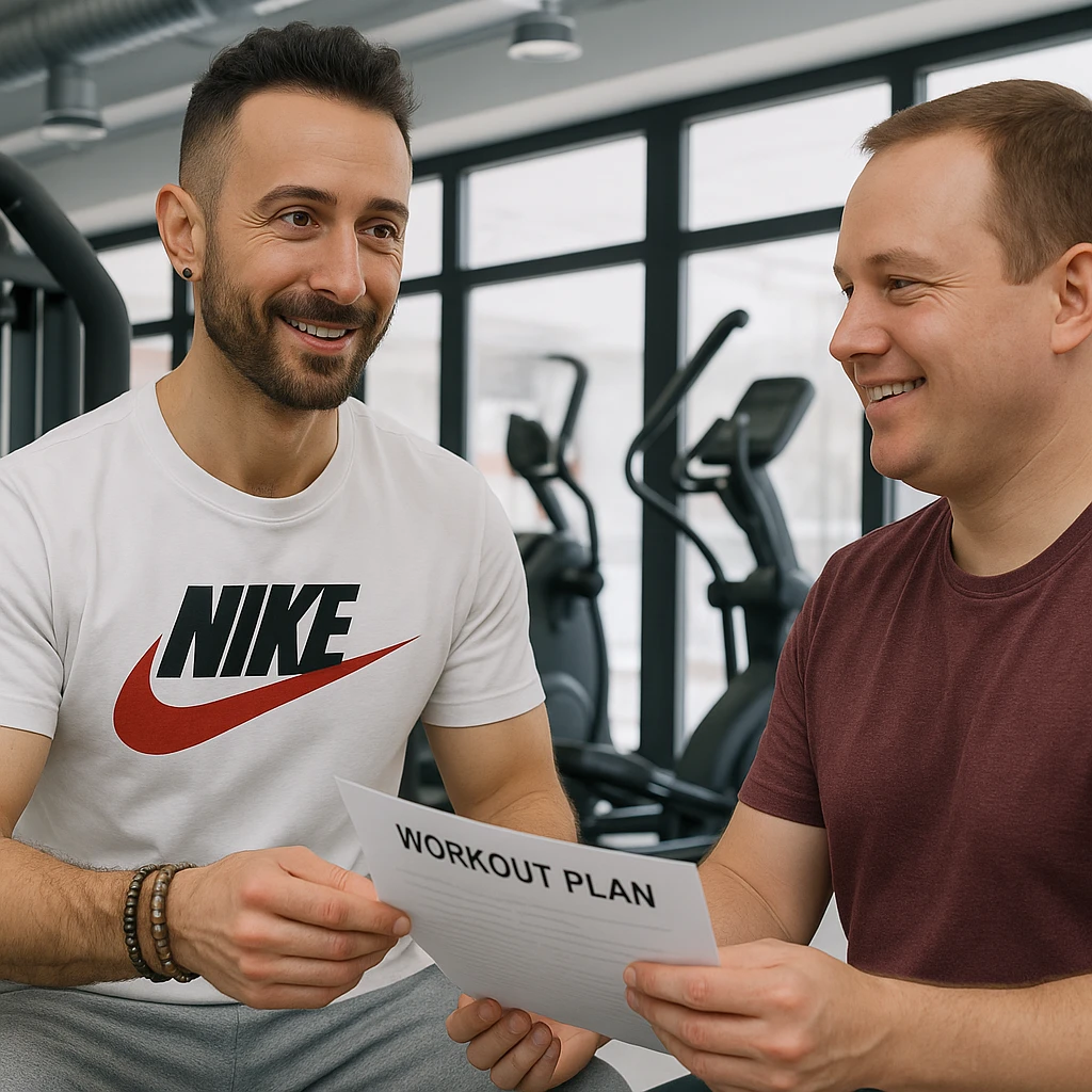 Realistic personal trainer in a gym, inspired by the person in the reference photo, handing a personalized workout plan to a smiling client, in a welcoming and professional environment. emoji