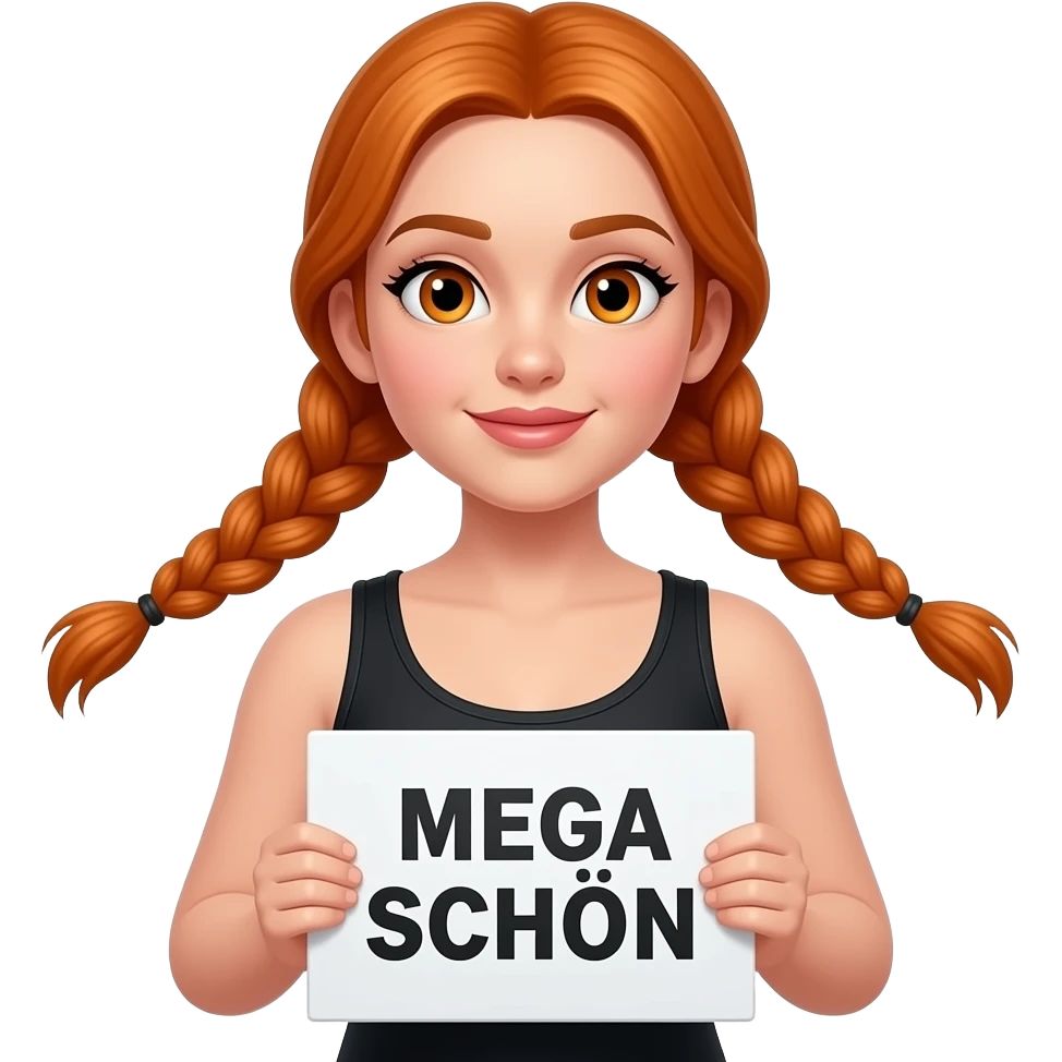 sexy girl with long ginger braids and ginger eyes wearing a black tanktop and is holding a white sign with MEGA SCHÖN written on it emoji