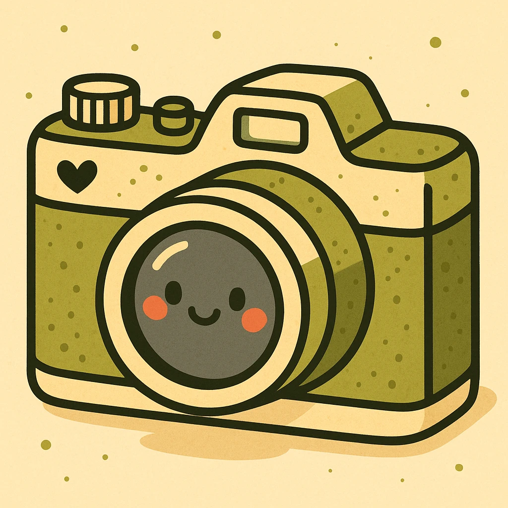 ретро фотоаппарат, оливковый с бежевыми вкраплениями там где это уместно, без градиентов с четкими контурами, тенями и бликами emoji