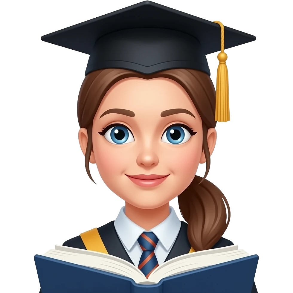 Female law student, light Brown hair in a Pony tail, Blue eyes, studying emoji