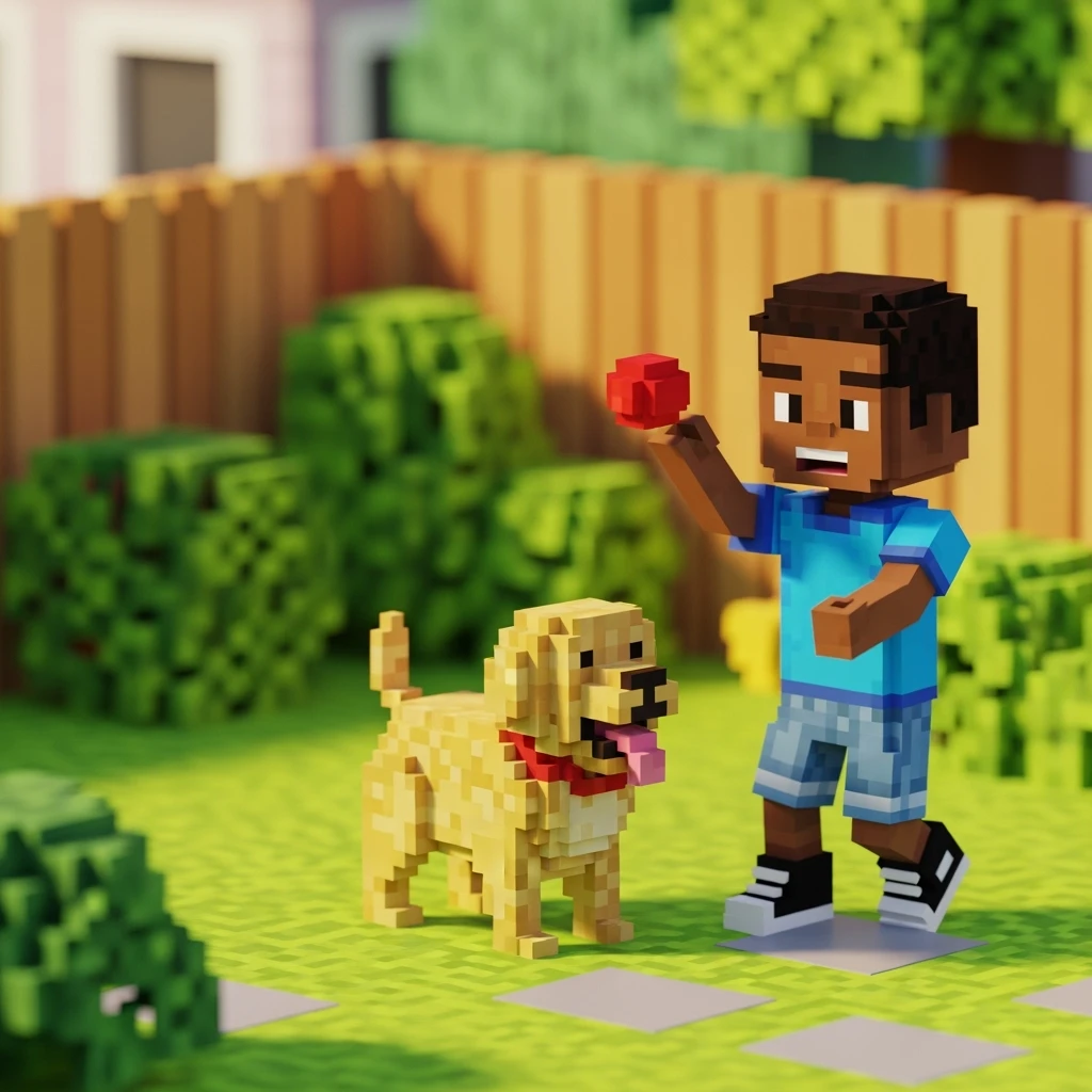 kid and his pet dog in 3d voxel style  emoji