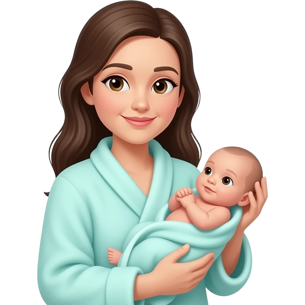 Mother with white newborn baby boy with no hair wrapped in a aqua towel emoji