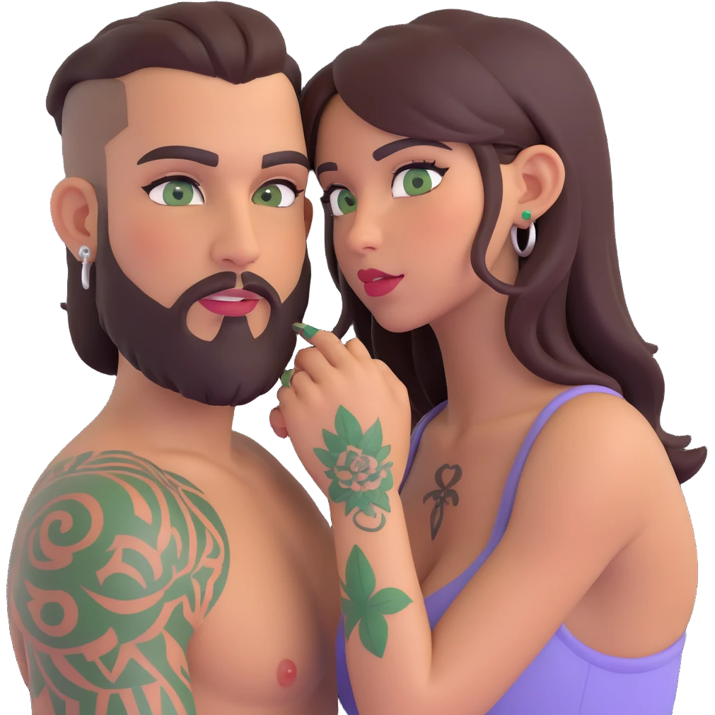 Brown eyed Latina woman with pierced nipples, small breasts and tattoos giving oralto a white man with green eyes and a beard  emoji
