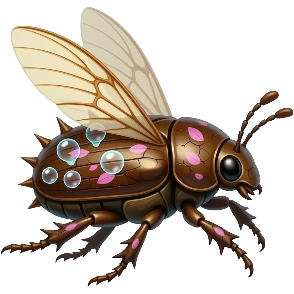 Flying Walkingstick beetle crawler with sticky bubbles in cracks in its bark-like body. petal wings it's made of bark but has a shell on its back, it has spikes and runs fast with all its limbs. It's full of pink petal markings, and looks like a Walkingstick insect with a petal bark body emoji