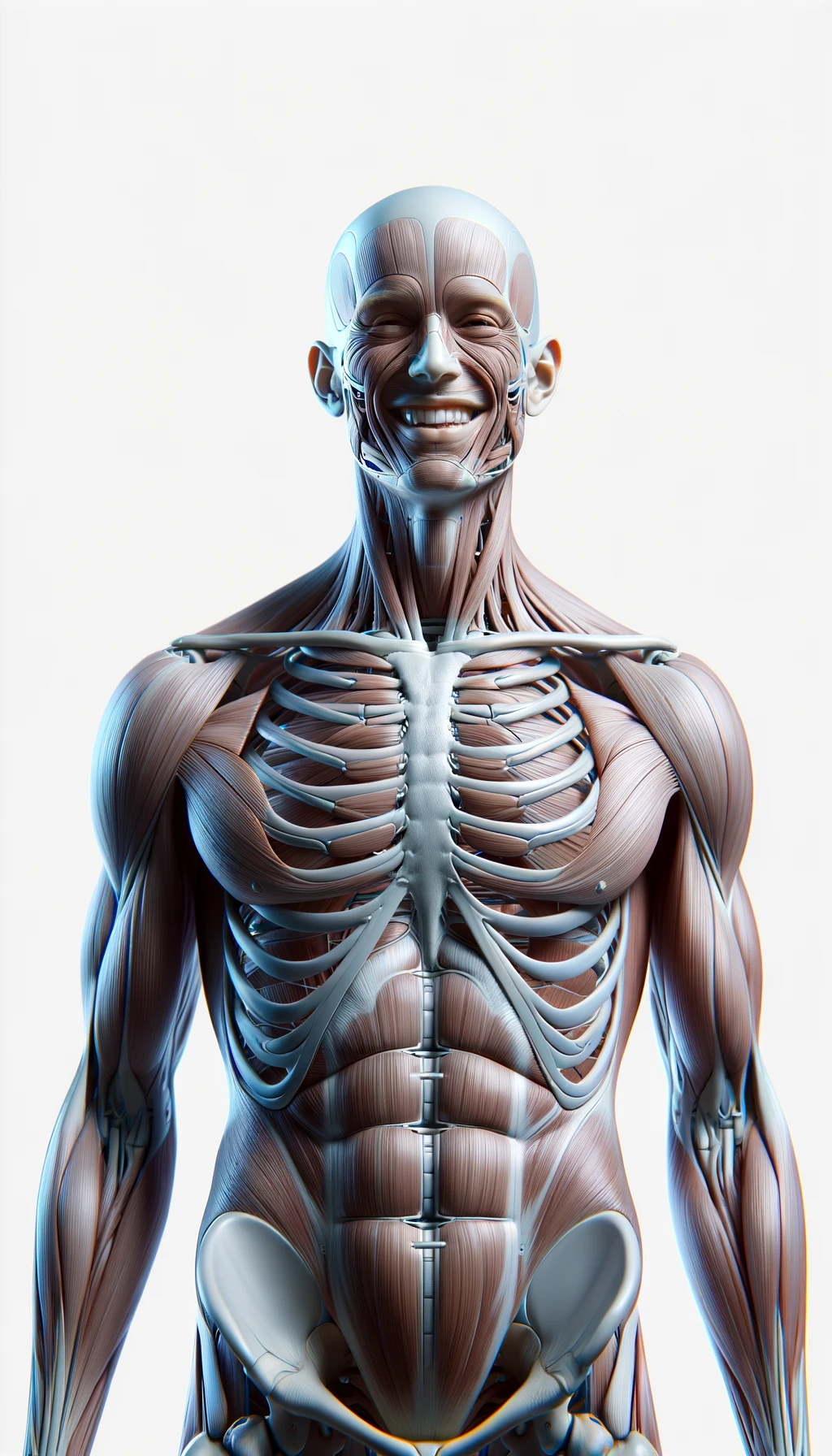 corpo umano anatomico a figura intera visibile fino ai fianchi che sorride rilassato, iperrealistico 4k, isolato su sfondo bianco emoji