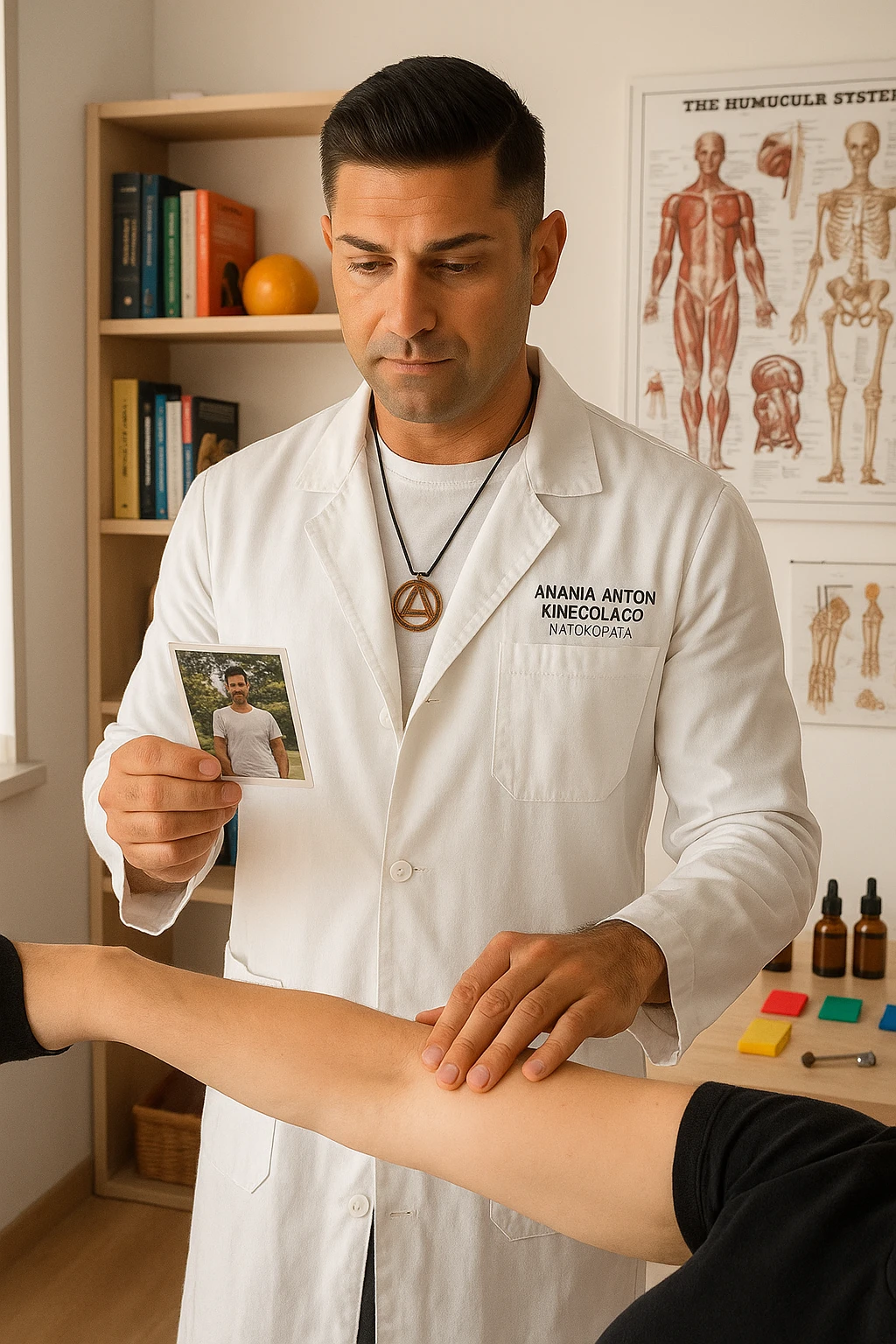 a middle-aged man, dressed in casual professional attire, is in a bright, organized therapy studio. Durante una visita di kinesiologia, il testimone tiene con una mano la foto di una persona lontana (il “testimone”) tiene la foto in mano, mentre con l’altra mano esegue un test muscolare su un cliente presente. Sullo sfondo si vedono libri di kinesiologia, poster anatomici e strumenti tipici della disciplina. L’atmosfera è concentrata e serena, con luce naturale che entra dalla finestra, sottolineando l’aspetto alternativo e umano della pratica. emoji