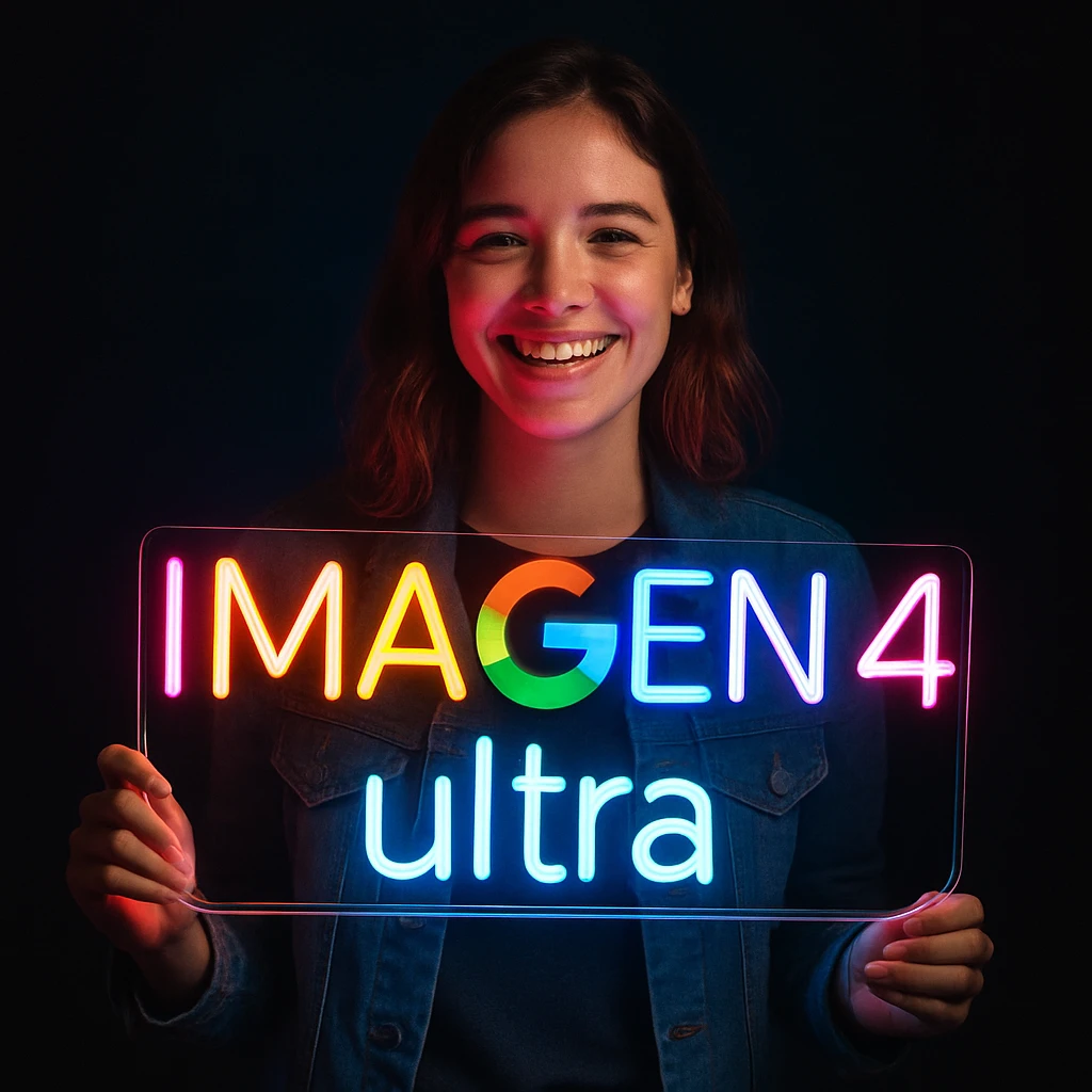 make a girl holding this sign, but sign in made of neon, also add ultra below the sign emoji