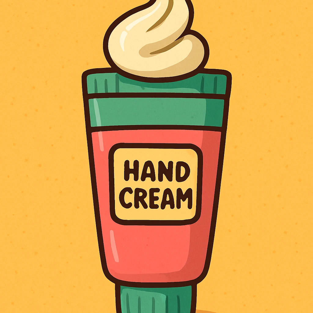 hand cream tube with a swirl of cream, touches of green and pink, soft cartoon style emoji