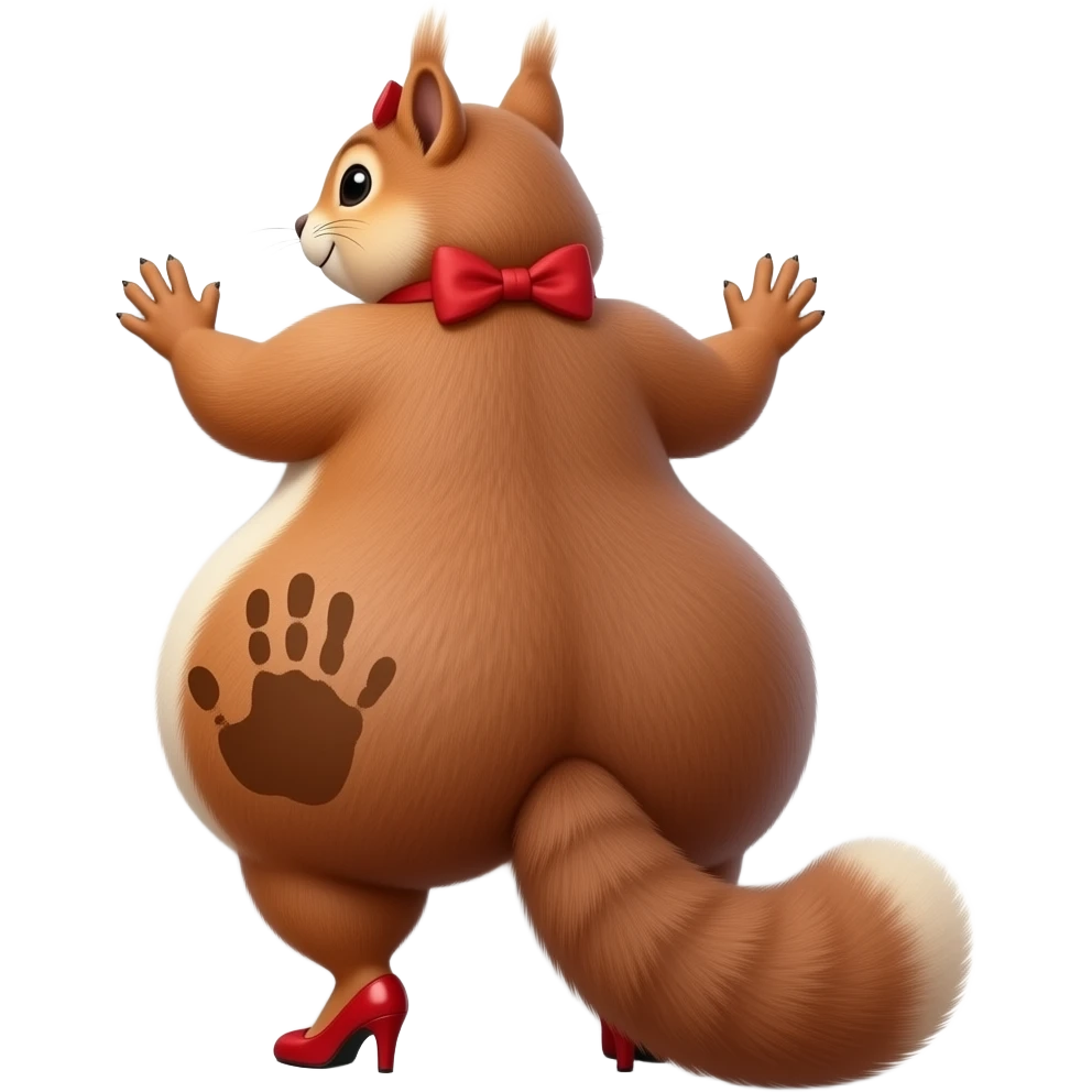 A tall really extremely obese big booty bbl squirrel showing back its big thighs and buttocks while putting her hands behind the wall and it has a brown colored hand print on her left buttocks and it with a red bow tie on her head wearing red heels and on the left emoji