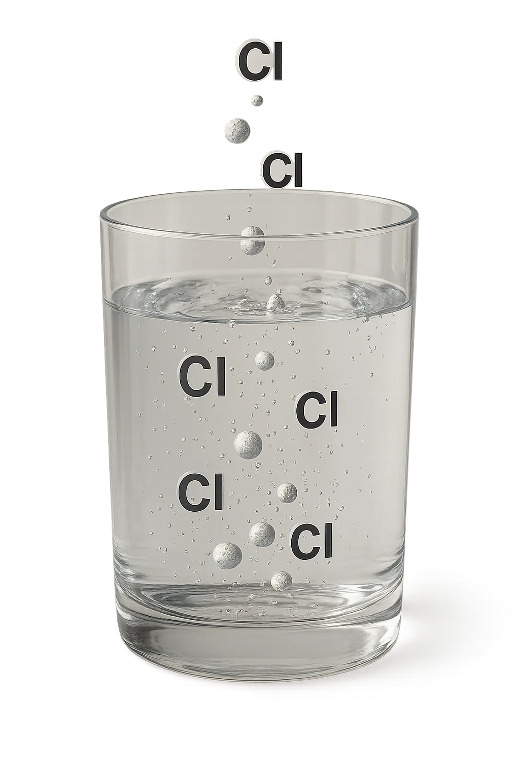 un bicchiere di acqua fluttua in aria realistico e dettagliato, dentro l'acqua del bicchiere ci sono particelle di cloro ben visibili con la scritta "Cl" sopra, ci sono particelle anche che escono dal bicchiere e fluttuano in aria verticalmente, mentre alcune sono all'interno dell'acqua nel bicchiere, iperrealistico 4k emoji