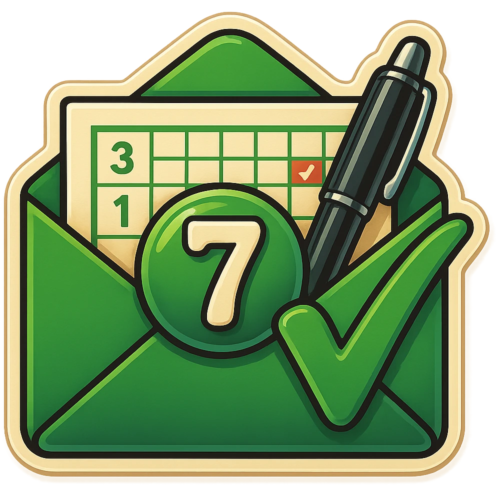 Regenerate the emoji keeping the envelope and calendar composition with a bold green checkmark. Change the number inside the circular badge on the calendar to '7'. Replace the current pen icon with a more formal, classic-looking pen, such as a fountain pen or a sleek, professional ballpoint pen. Maintain the original style, color scheme, and overall composition of the retro stickers style. emoji