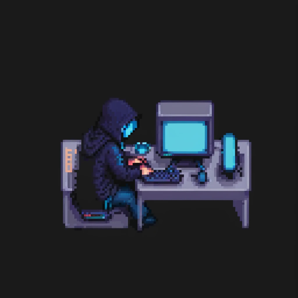 hacker, pixel art, sitting at computer, retro monitor, blue glow emoji