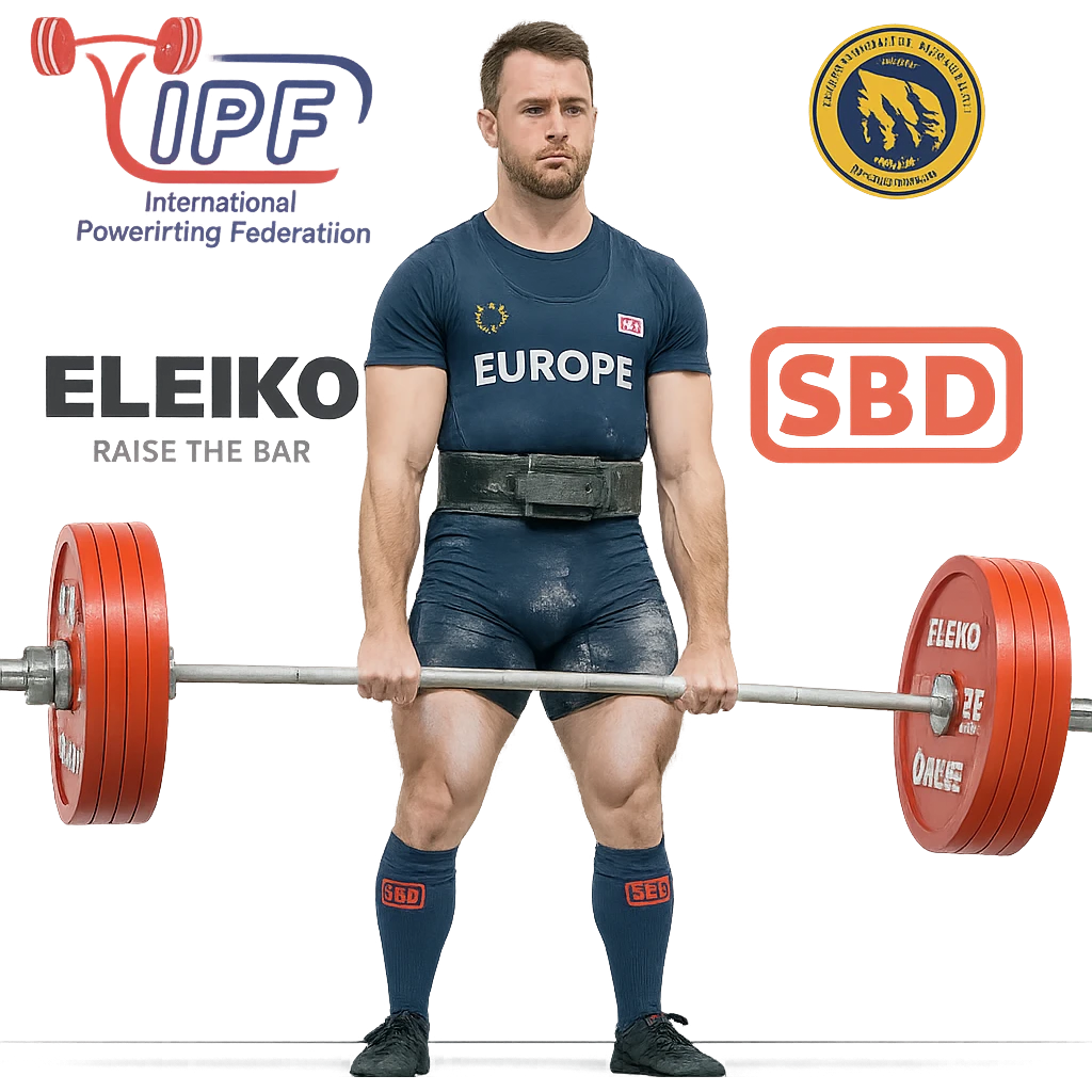 Powerlifter europeo in gara ufficiale di federazione, ispirato all'immagine di riferimento, abbigliamento da competizione, palco con loghi federali, bilanciere carico, atmosfera realistica, 8 varianti con diverse pose, espressioni e dettagli di gara, isolated on white background. emoji