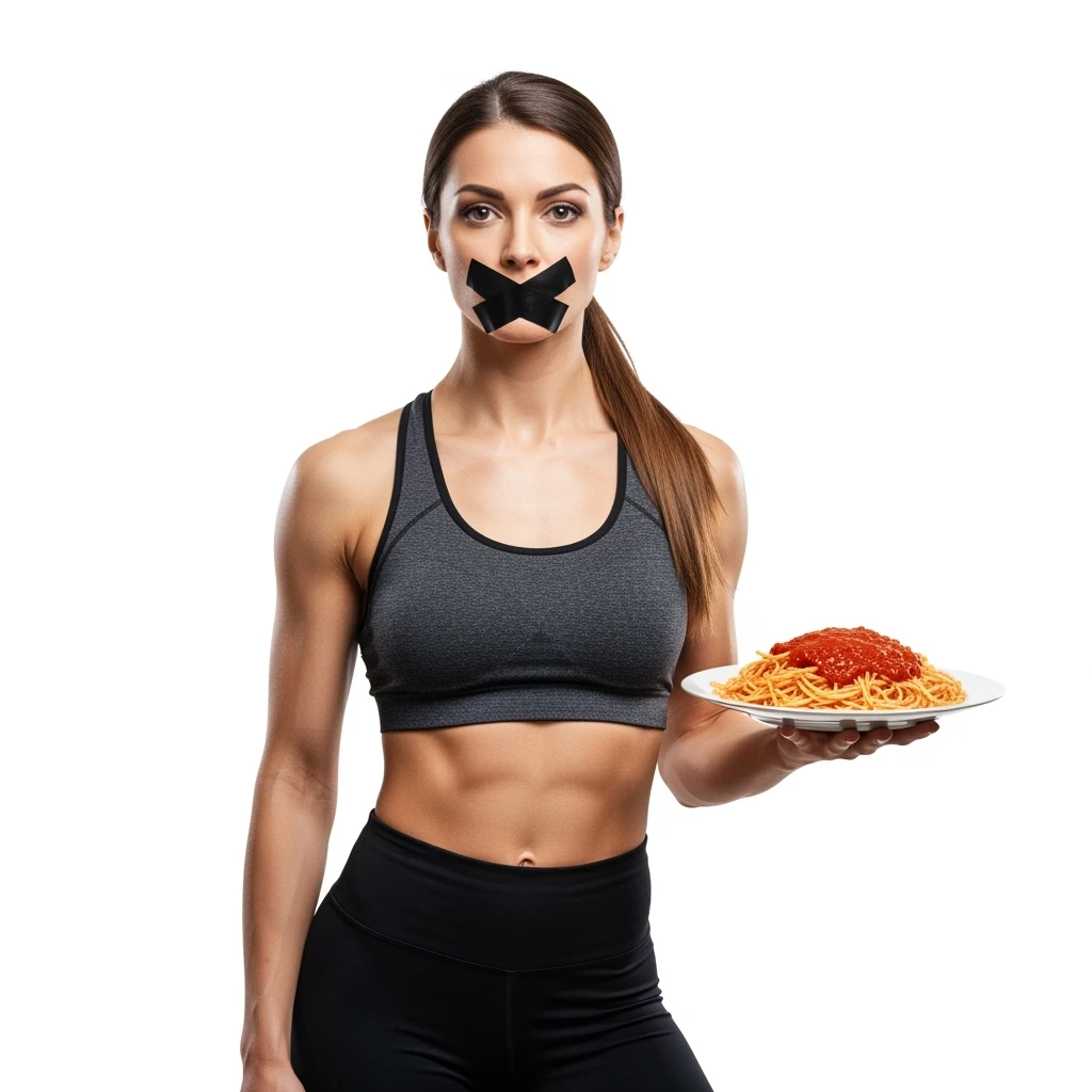 DONNA FITNESS ITALIANA PIATTO DI PASTA IN MANO E SCOTCH A CROCE SULLA BOCCA, IPERREALISTICA 4K, ISOLATA SU SFONDO BIANCO emoji
