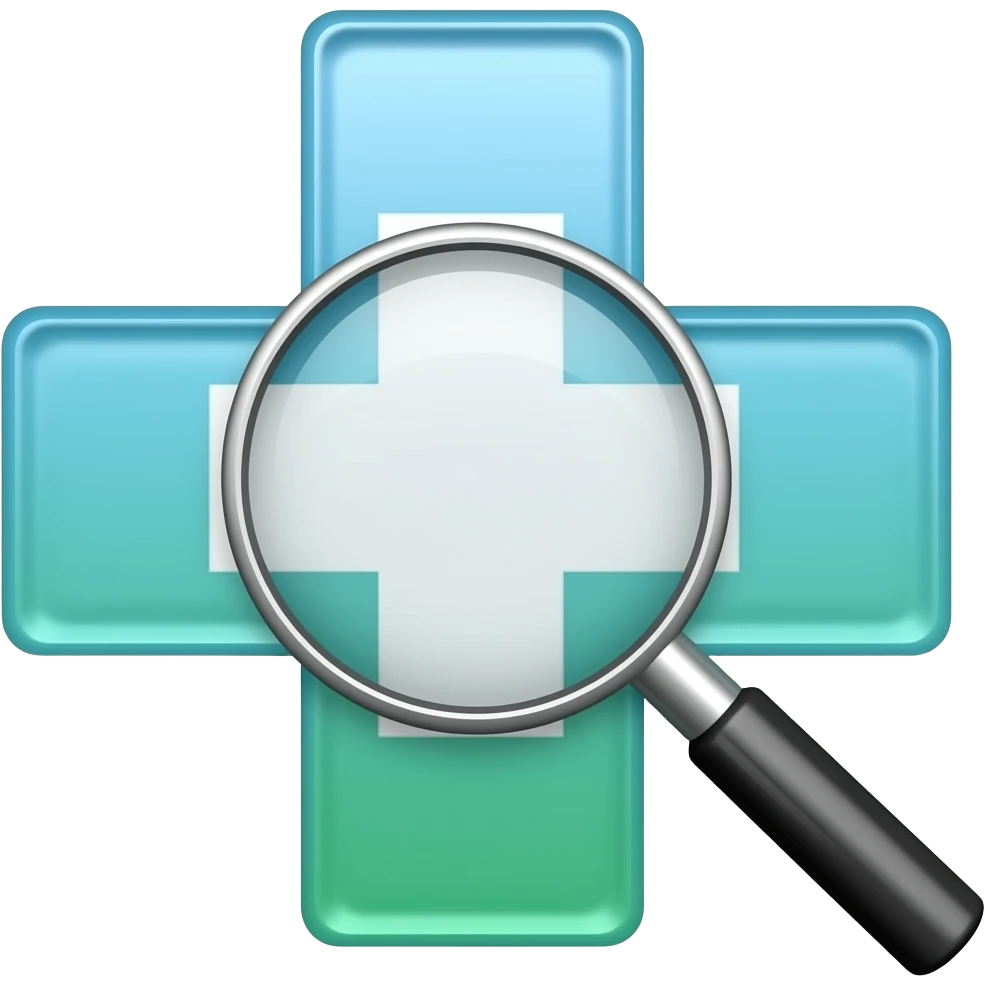 Minimalist flat design icon of a magnifying glass over a medical cross, clean lines, modern vector style, soft gradient (blue and green), no text, transparent background emoji
