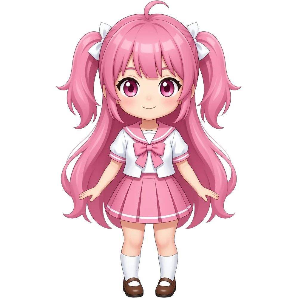 A girl with pink hair 🩷style anime with pink eyes 🩷  and white an pink outfit with 🩷 skirt with brown shoes 👟 emoji