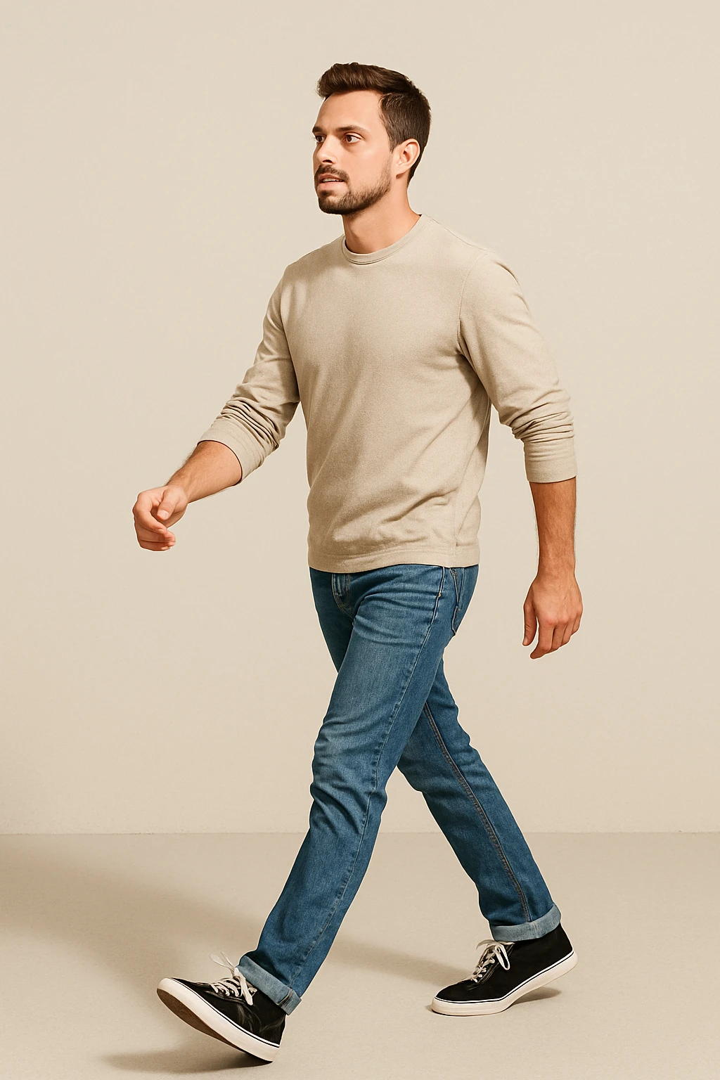 a man walking with purpose, mid-stride, looking ahead, casual clothes, simple background emoji