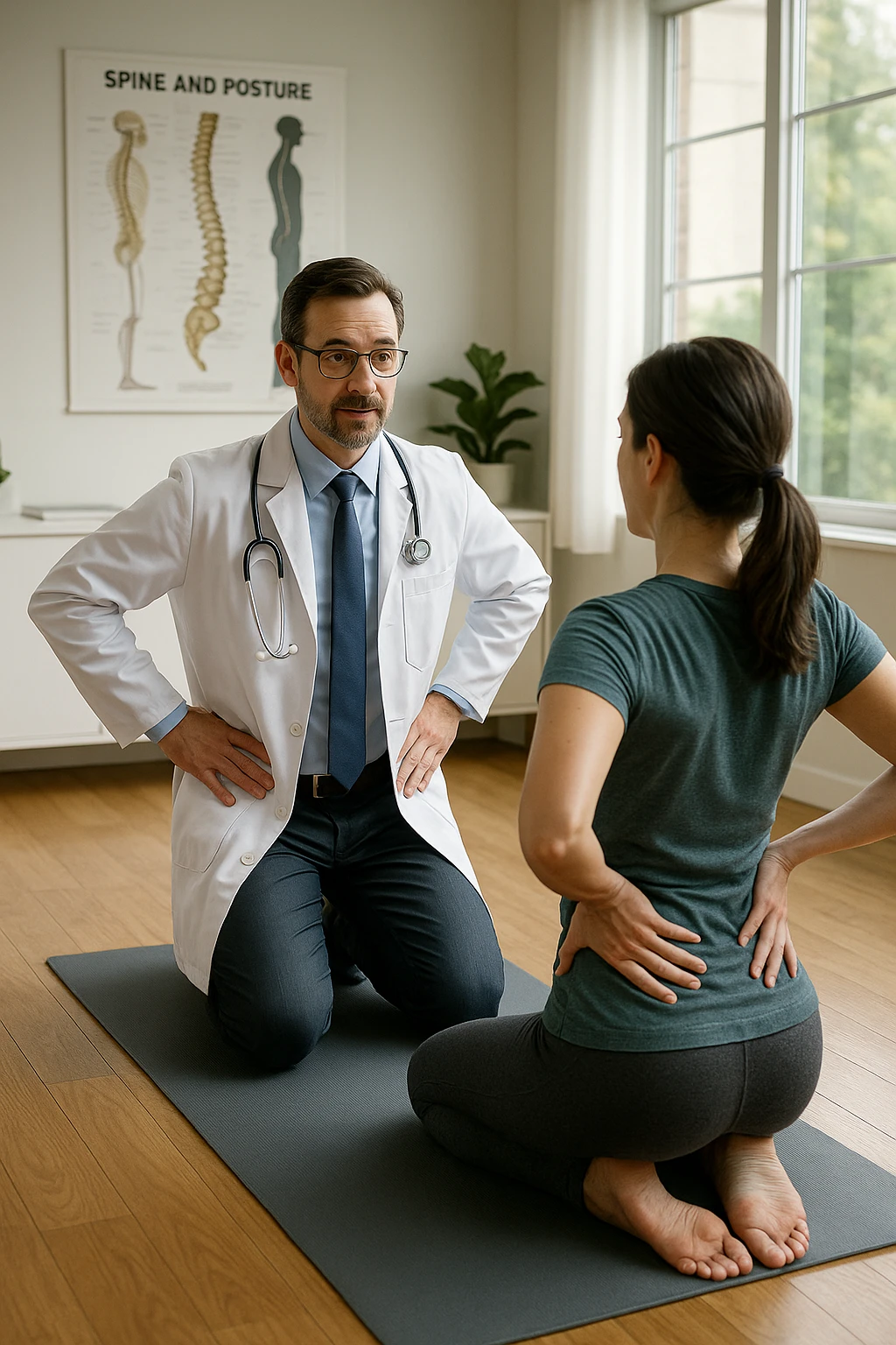 A realistic, cinematic illustration of a professional doctor in a white coat inside a bright, modern medical office, demonstrating a simple stretching exercise to a patient for improving posture. The doctor, calm and encouraging, shows a gentle spinal extension stretch while explaining its benefits for posture and spinal health, with an anatomical poster of the spine and posture alignment in the background. The scene includes a yoga mat, clean wooden floors, and natural light streaming through large windows, creating a warm, health-focused atmosphere. The patient, in comfortable activewear, watches and mirrors the stretch, emphasizing the preventive and therapeutic role of stretching for posture correction under medical guidanc emoji