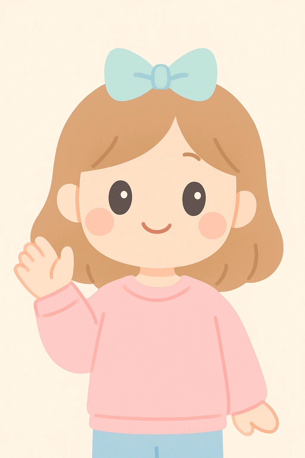 a happy girl waving, wearing a pink sweatshirt, with a bow on her head, cute and friendly style emoji