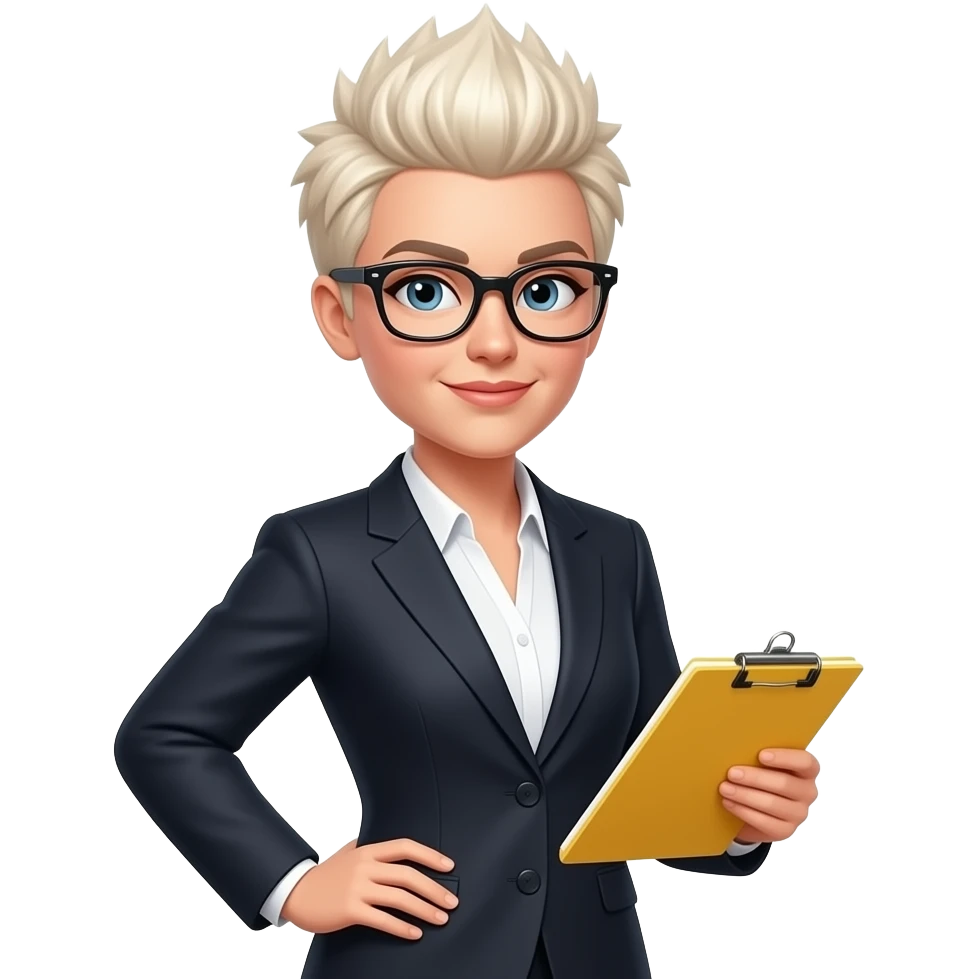 woman, bleach blonde hair, very short, stiff, sharp spiky hair, styled in vertical points, styled upward, wearing glasses, one hand on hip and one holding yellow legal pad, no suit or tie emoji