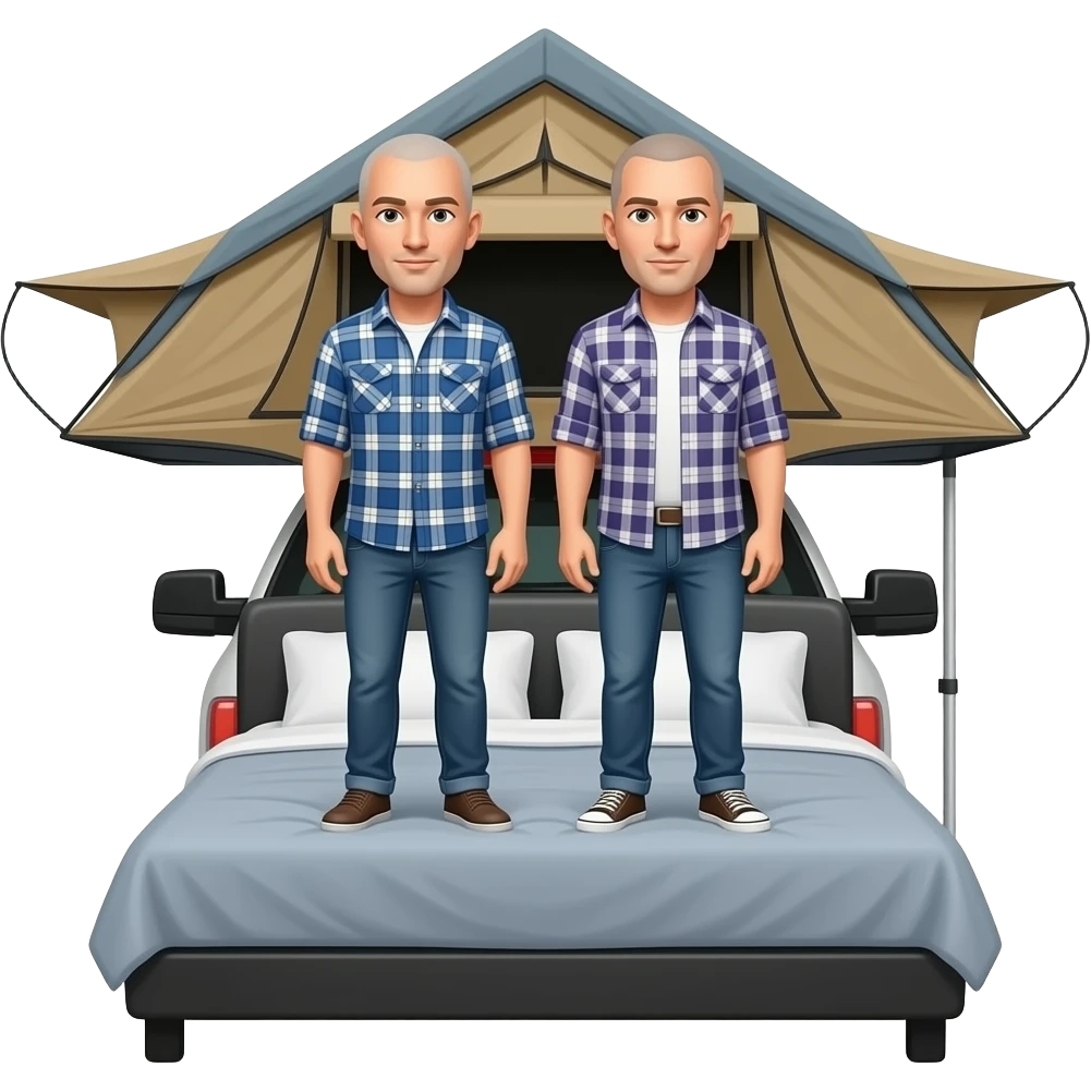 Roof top tent on a F150 with 2 gay bald guys in plaid shirts emoji