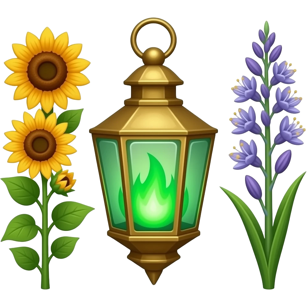 A golden hanging lantern with a bright emerald flames, an empty loop on top, fae themed sunflowers on the left and fully bloomed asphodels on the right as part of the design, but simple focus more on the green flames, paint the glass more green, have its bottom point come to some sort of point emoji