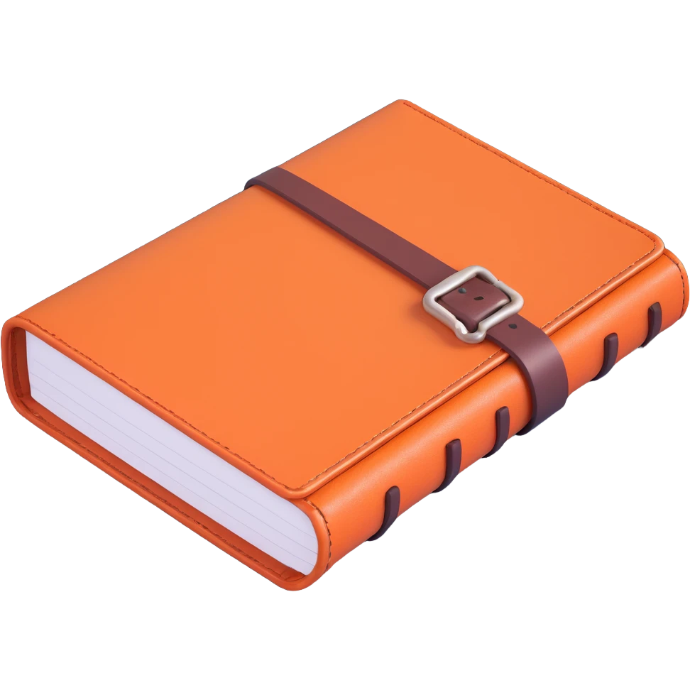 Hermès-style orange leather diary, 3D, with strap, premium, no text emoji