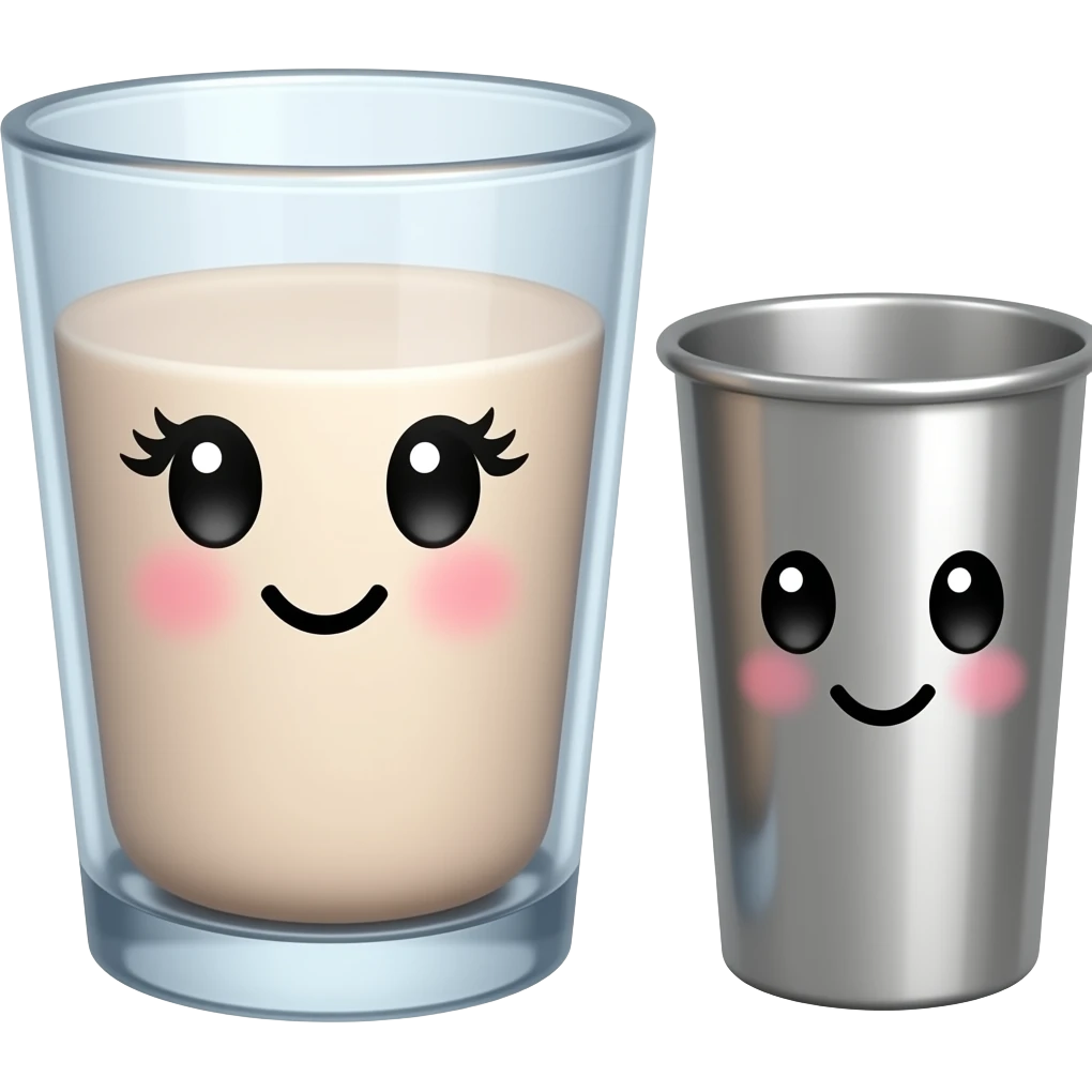 Fat glass cup with a cute face with eyelashes next to slim metal cup with a cute face without eyelashes emoji