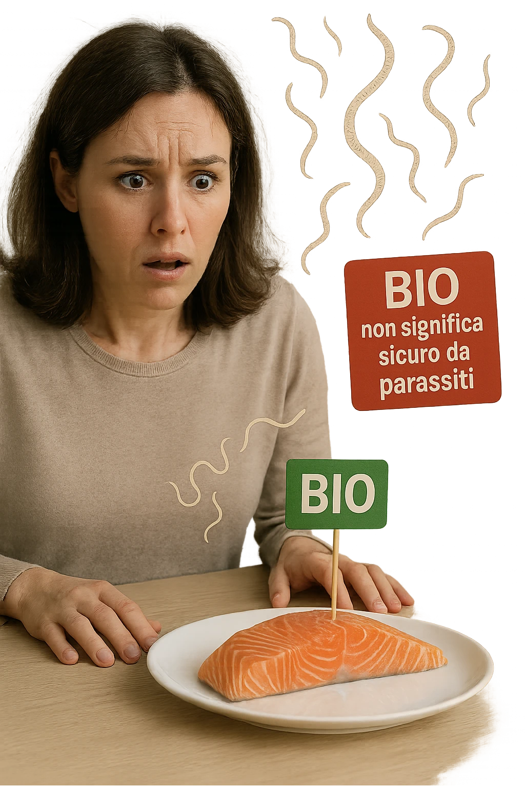 Donna tra i 30 e i 40 anni, seduta a tavola con espressione sorpresa e preoccupata mentre guarda un piatto elegante di salmone crudo etichettato 'BIO'. In trasparenza sopra il salmone si vedono parassiti intestinali stilizzati, come larve o vermi sottili, fluttuanti nell’aria. Accanto al piatto, una scritta fluttuante in stile etichetta rossa avverte: 'BIO non significa sicuro da parassiti'. Atmosfera visivamente pulita ma con tensione sottile, colori realistici con accento sul contrasto tra immagine 'salutare' e minaccia invisibile emoji