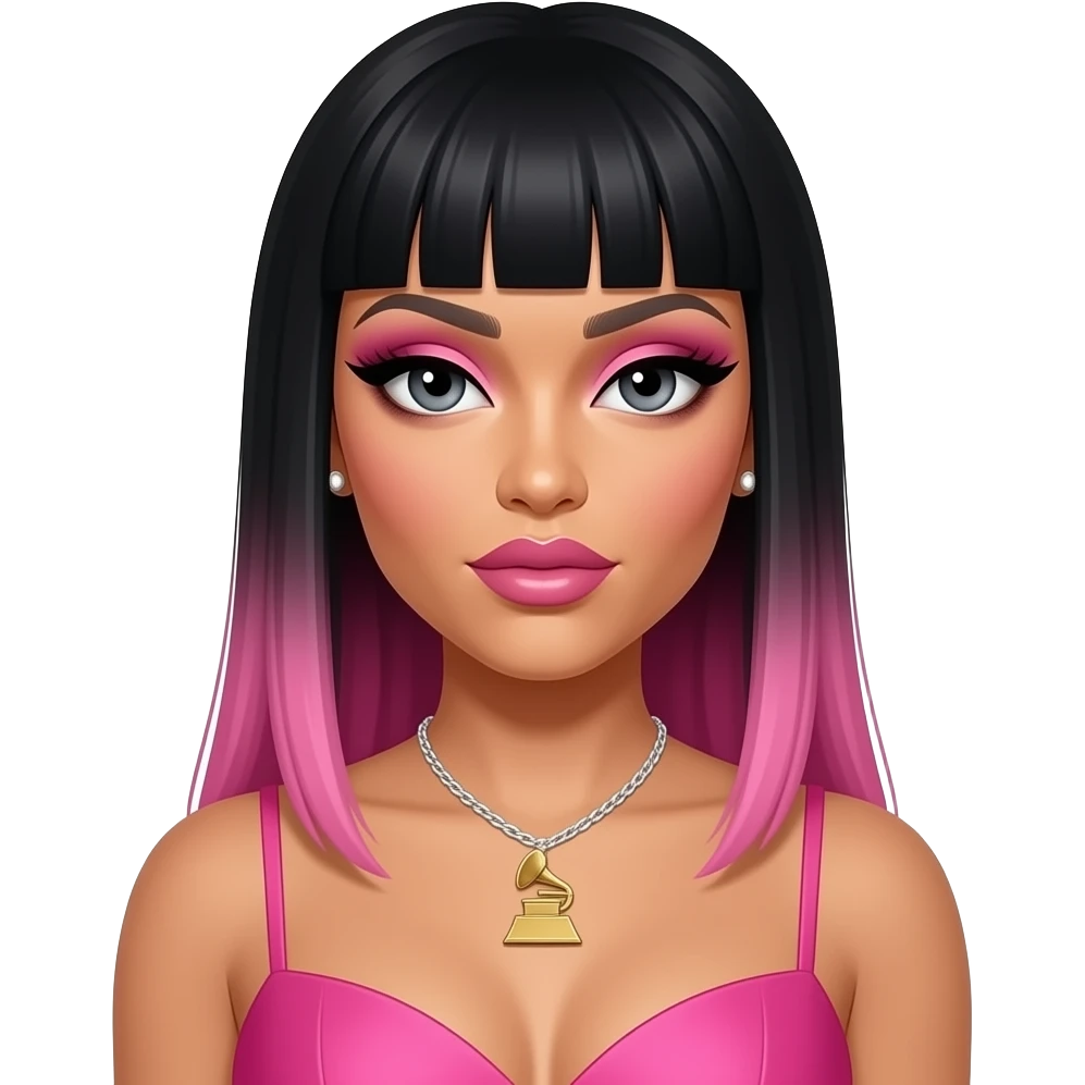 Nicki Minaj with dark grey eyes, long black bang hair with pink ombre, pink eyeshadow, pink lipstick, pink grammy dress, earrings and necklace emoji