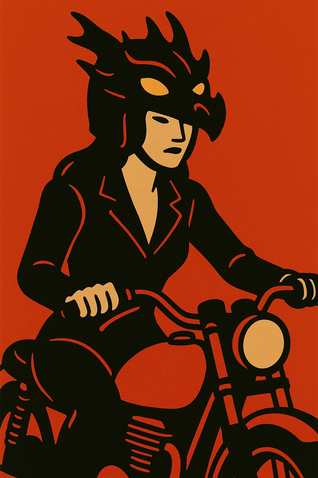 Dark fantasy female biker, dragon helmet, glowing eyes, black suit, red motorcycle, fire background. emoji
