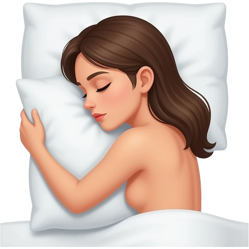 top view of a tanned shirtless sleeping woman face sideway hugging the pillow in bed with her back facing the camera emoji