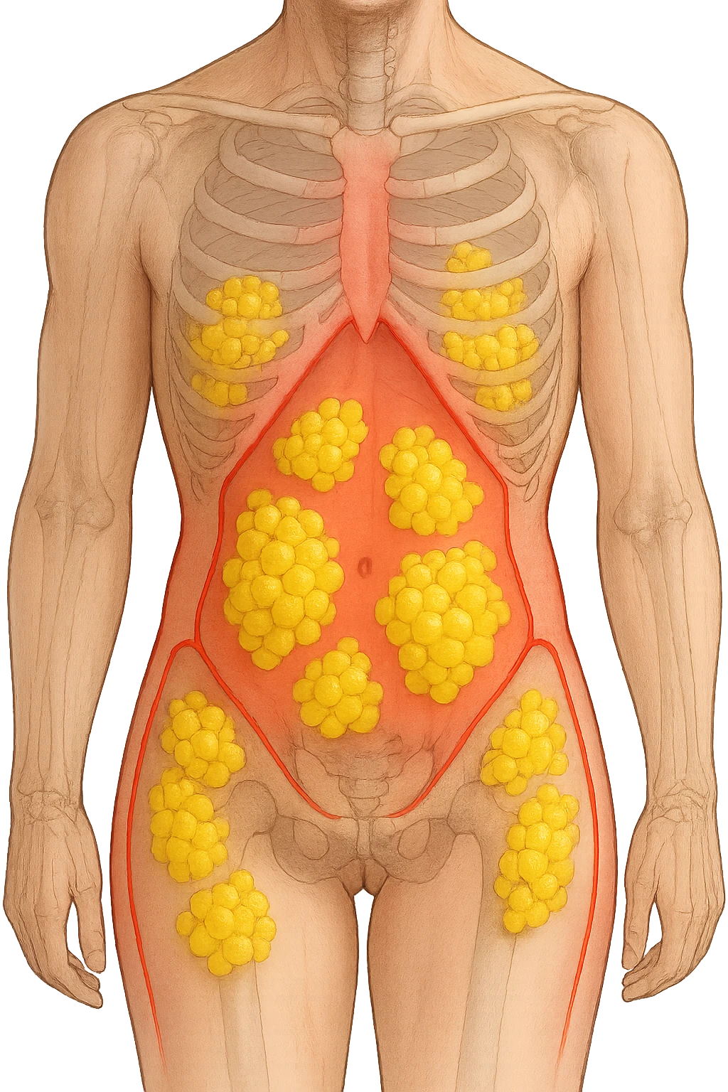 corpo umano anatomico con addome e fianchi segnati in rosso, grappoli di cellule adipose gialle su fianchi e addome emoji