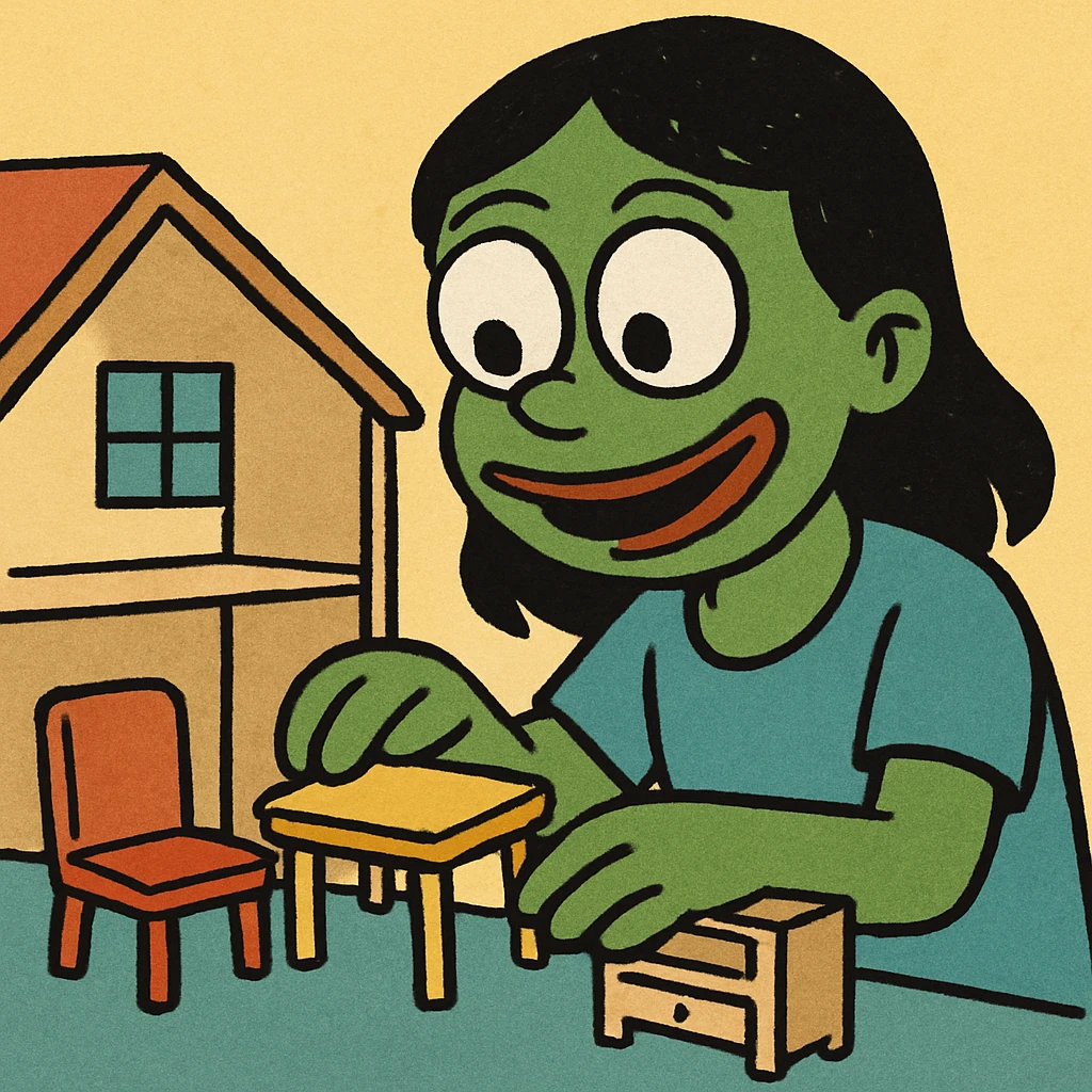 smiling girl arranging furniture in doll house emoji