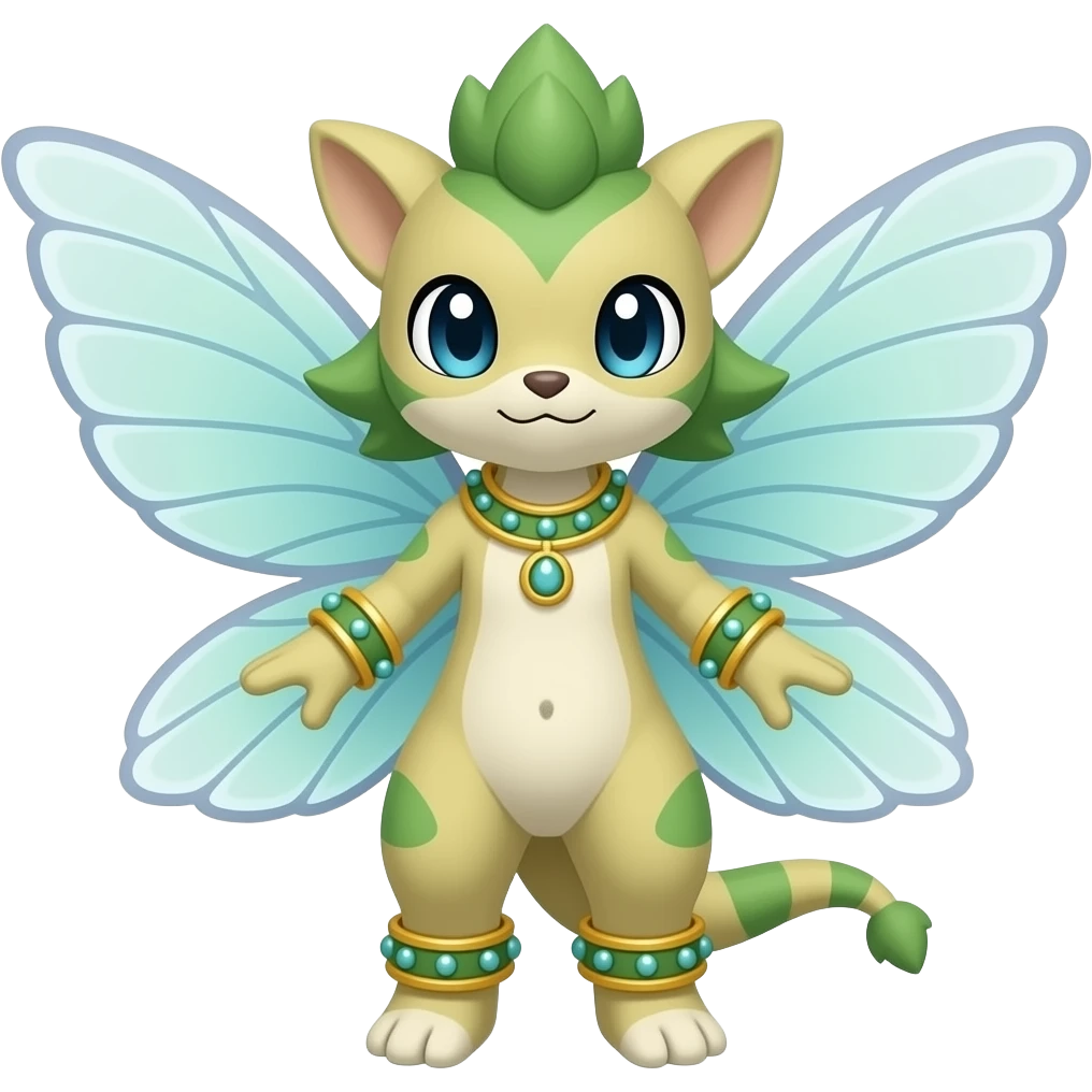 Epic complex futuristic detailed dark dusky gloomy pastel pink-pastel-green-pastel-yellow-white-gradient-iridescent, realistic Fakémon-Sprigatito-Floragato-Meowscarada-Trico-Sergal-Serval-Vernid-creature (full body) with bracelets and anklets and fairy wings emoji
