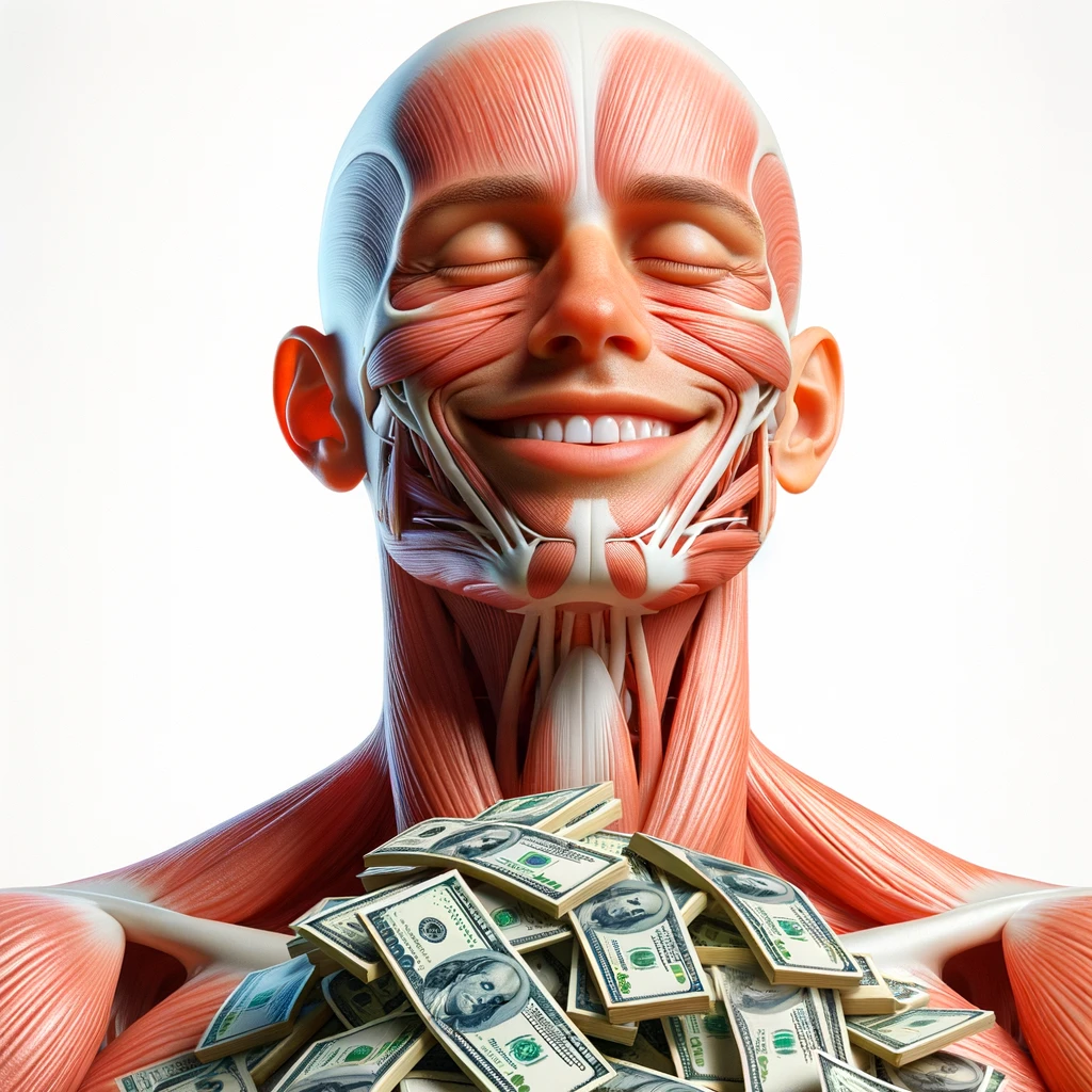 corpo umano anatomico sereno e felice con una montagna di banconote davanti al viso, espressione stupita, iperrealistica 4k, isolato su sfondo bianco emoji