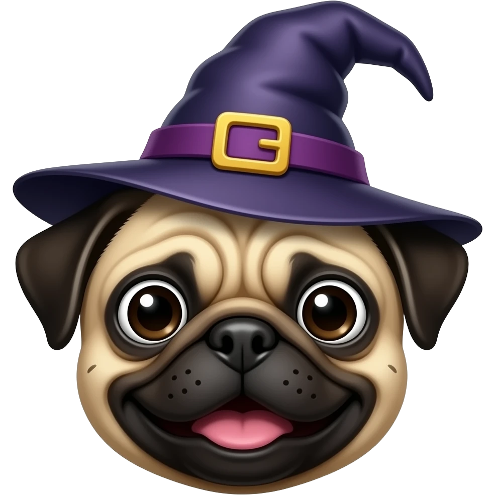 Pug looking like a witch doing a witch smile emoji