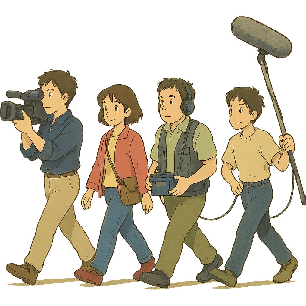 a flim crew, walking from left to right across frame: a cameraman, and a microphone operator emoji