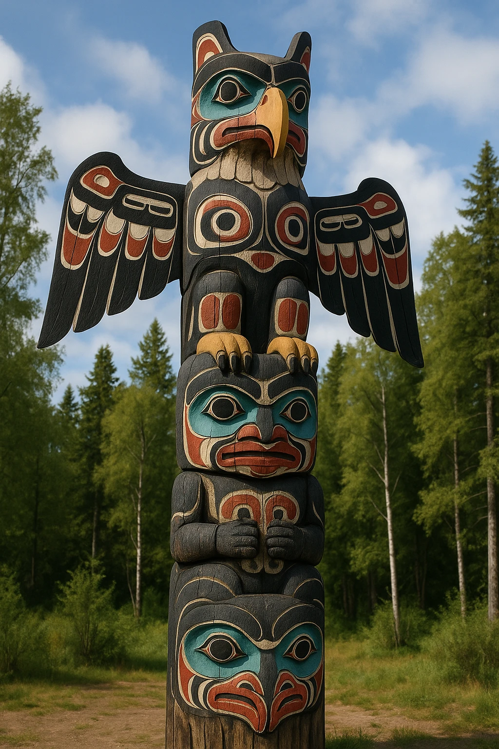 A Pacific Northwest totem pole carved from wood, featuring stacked animal figures including an eagle at the top. The pole is adorned with bold tribal patterns and painted in red, black, white, and blue. The animal carvings have stylized features like curved beaks and large eyes, with intricate ornamental details. The totem pole stands outdoors in a natural setting, representing indigenous heritage and spiritual symbolism. emoji