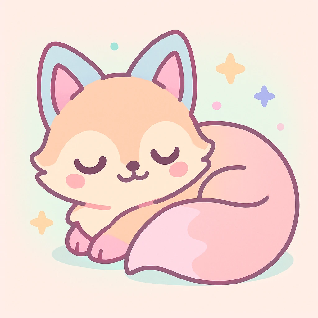 adorable kitsune curled up asleep, fluffy tail, peaceful, kawaii style emoji