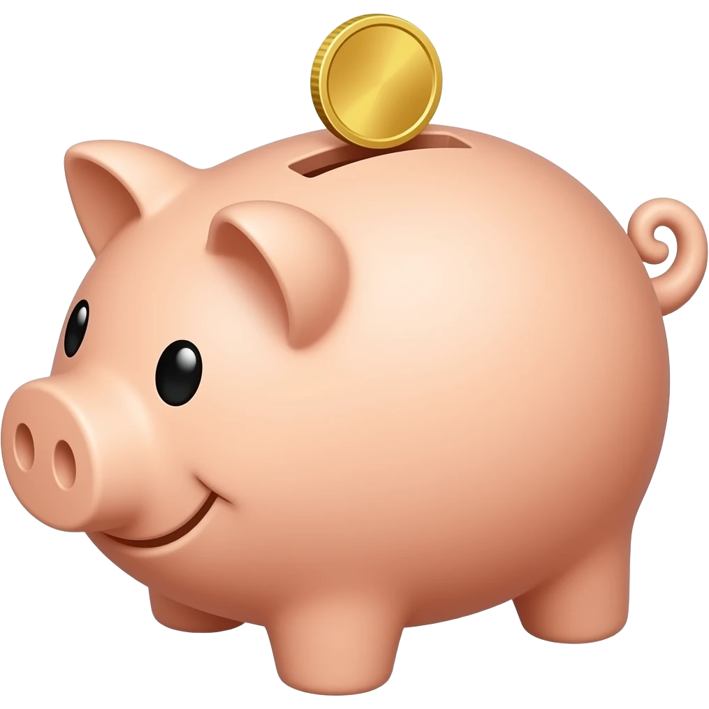piggy bank with coin going into the top 45 degree angle with smile emoji