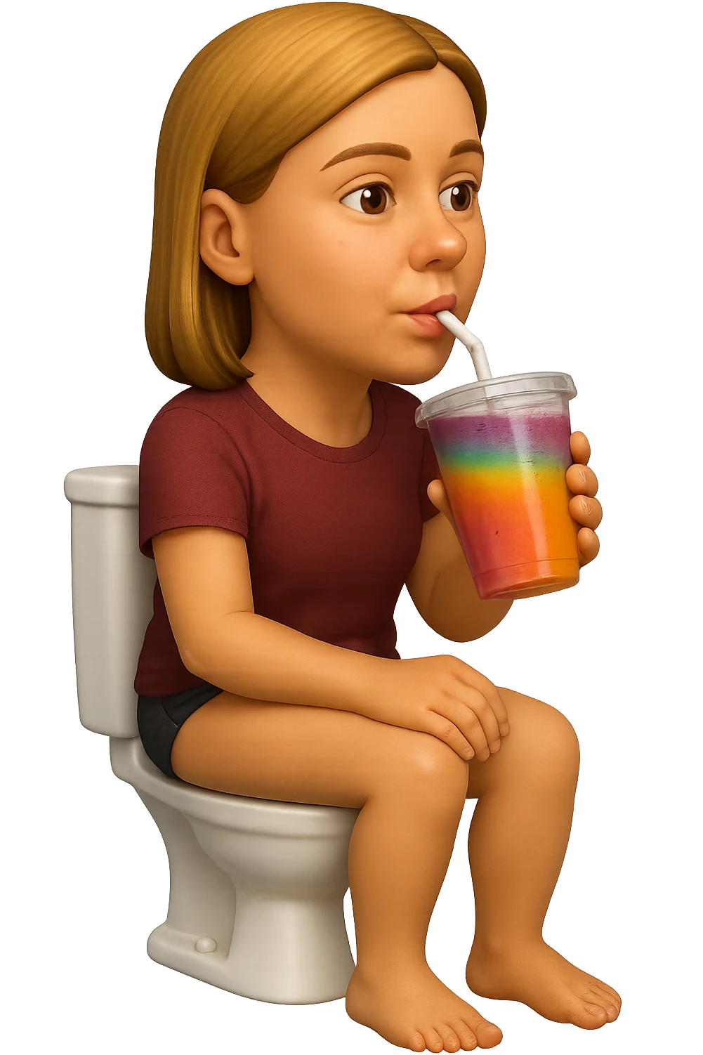 emoji stile iphone di una donna seduta sul wc che beve uno smoothies colorato, iperrealistico 4k emoji