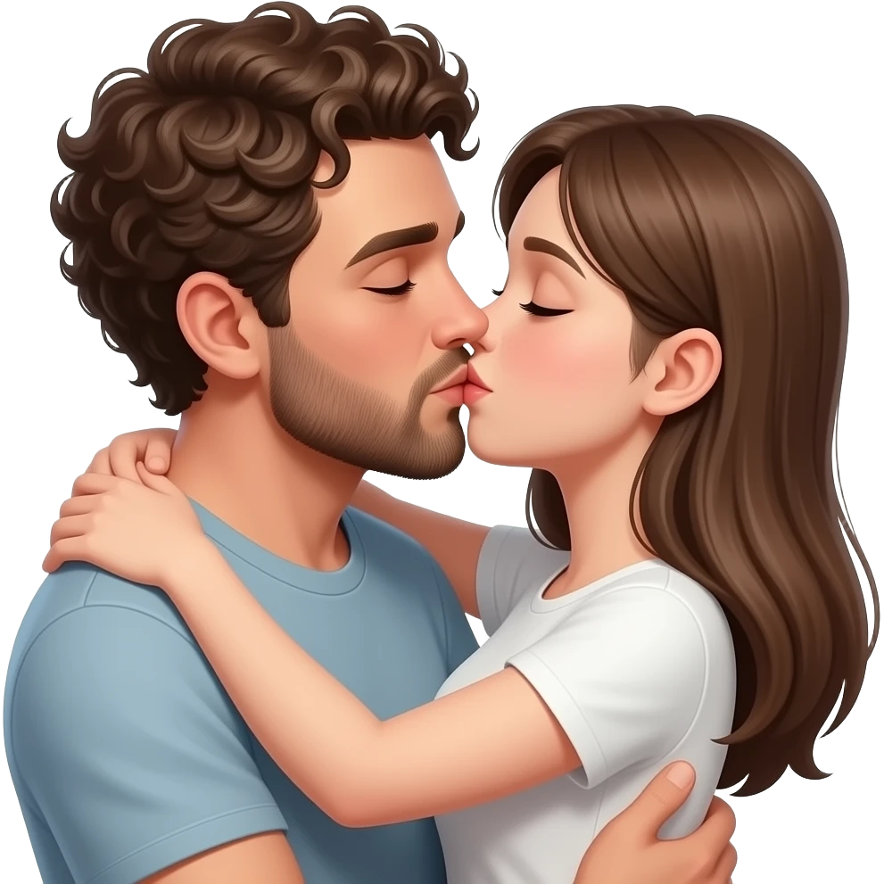 Realistic white man brown super short curly hair with beard kissing strongly and hugging realistic white girl brown straight hair emoji