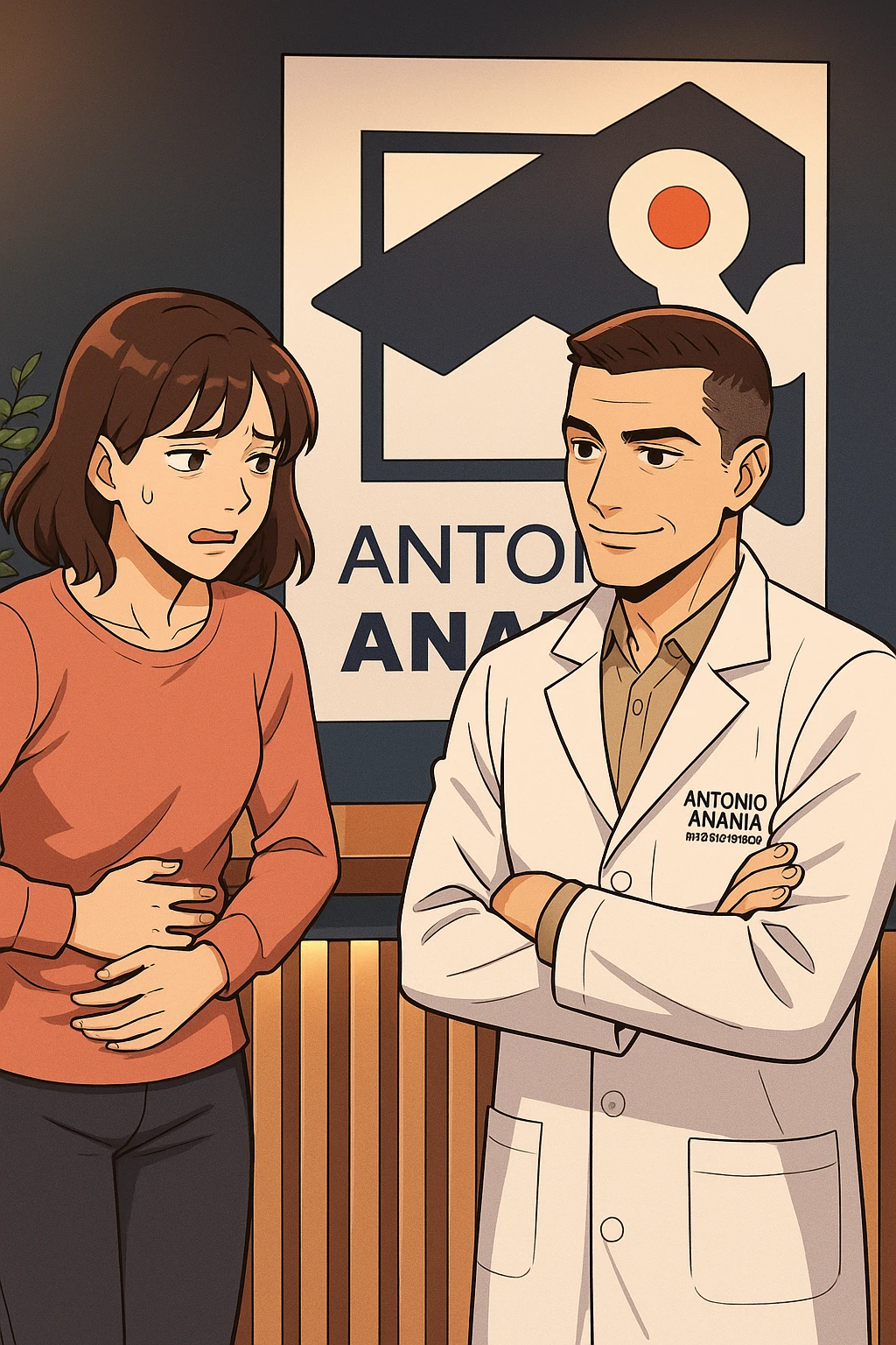 su questo stile fai un manga/webtoon a colori in cui una donna si lamenta che sta male e ha mal di pancia, l'uomo della foto in stile manga gli risponde, mantieni un ambiente simile alla foto che ho allegato con il suo logo (sarebbe il suo studio, lui è un kinesiologo), scrivigli "ANTONIO ANANIA" sul camice bianco, non mettere fumetti, ma fai in modo che sembri che la donna chiede una cosa e l'uomo risponde alla sua domanda emoji