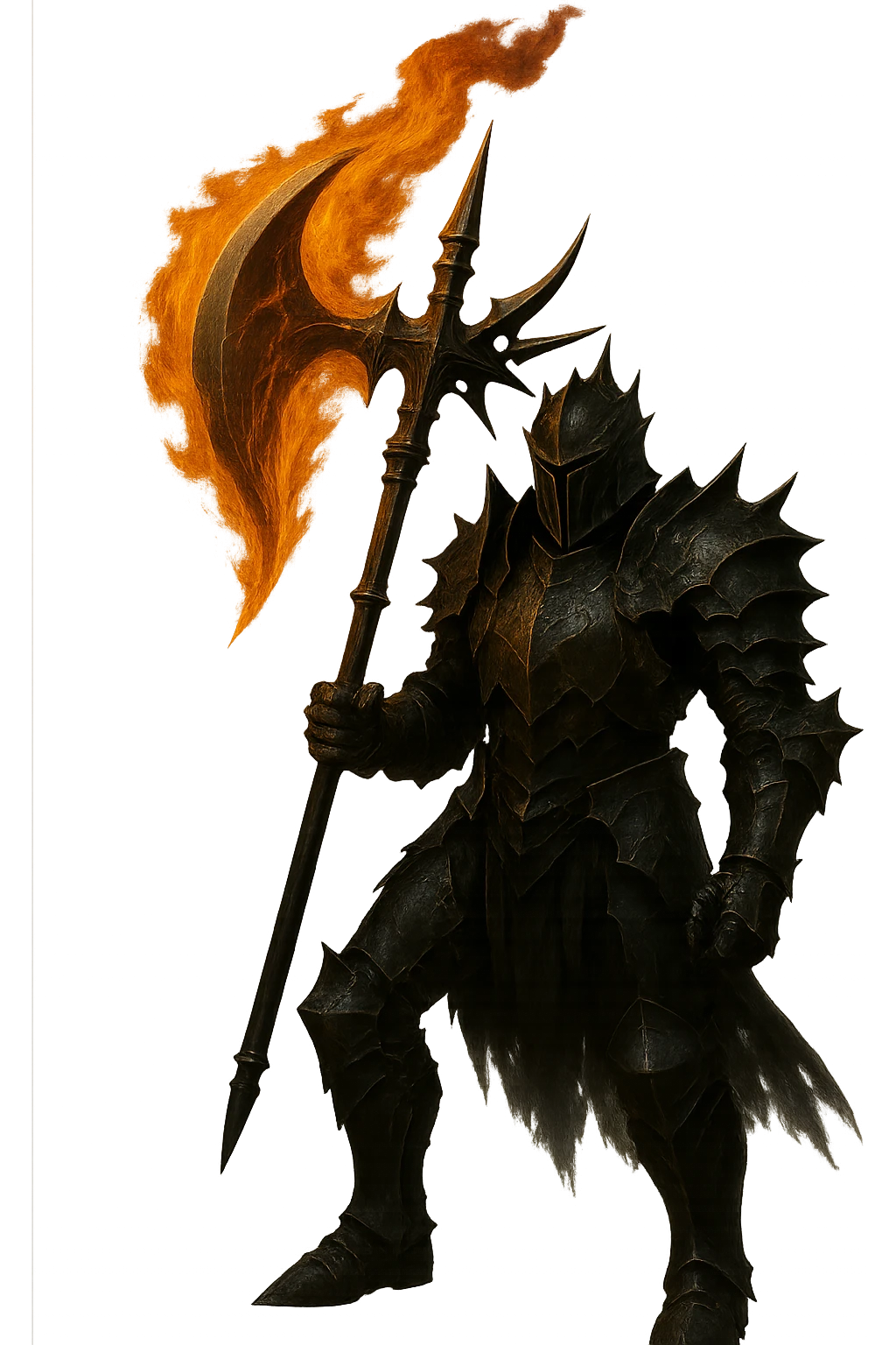 Enhance the scary knight holding the flaming halbert to look even more realistic with enhanced details, lighting, and textures. Keep the background transparent. emoji