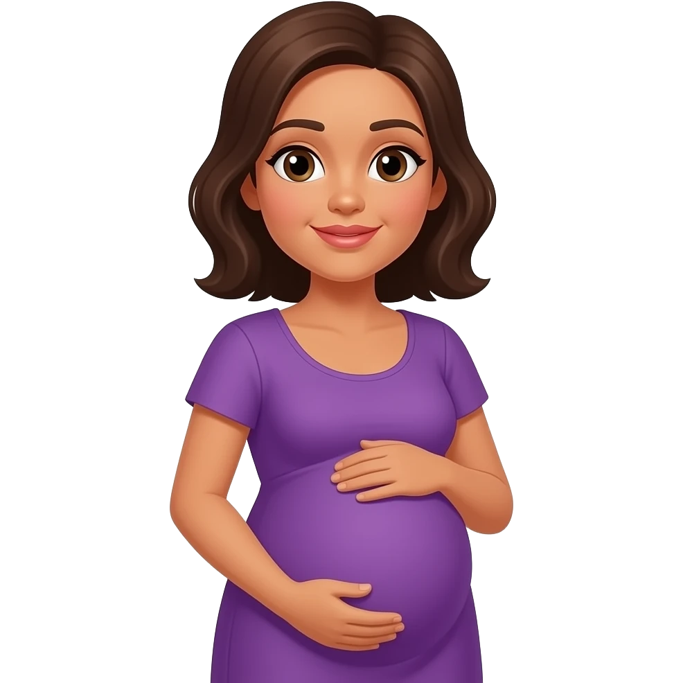 emoji of pregnant patient with medium brown skin and brown hair in a purple dressair emoji